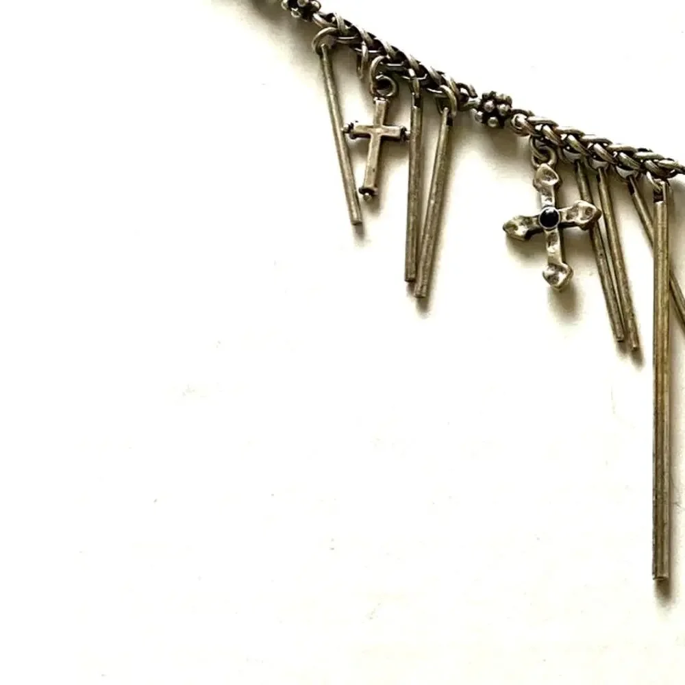 Lucky Brand Silver charm bracelet, antiqued metal chain with Cross dangles